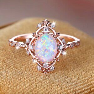 NEW 14k Rose Gold White Opal Ring Dainty Diamond Opal Ring